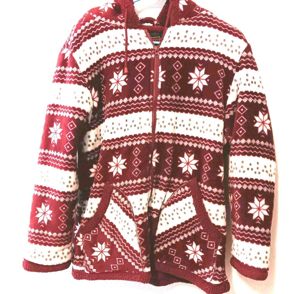 Trail Crest Fleece Hoodie M Nordic Snowflake Fair Isle Red White Sherpa Lined...